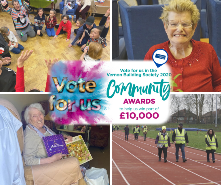 Group activities, smiling elderly woman, and community cleanup for Vernon Building Society Community Awards. Vote for us!