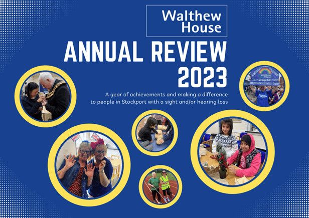 Front cover of a document with the text Annual Review 2023 and the Walthew House logo.